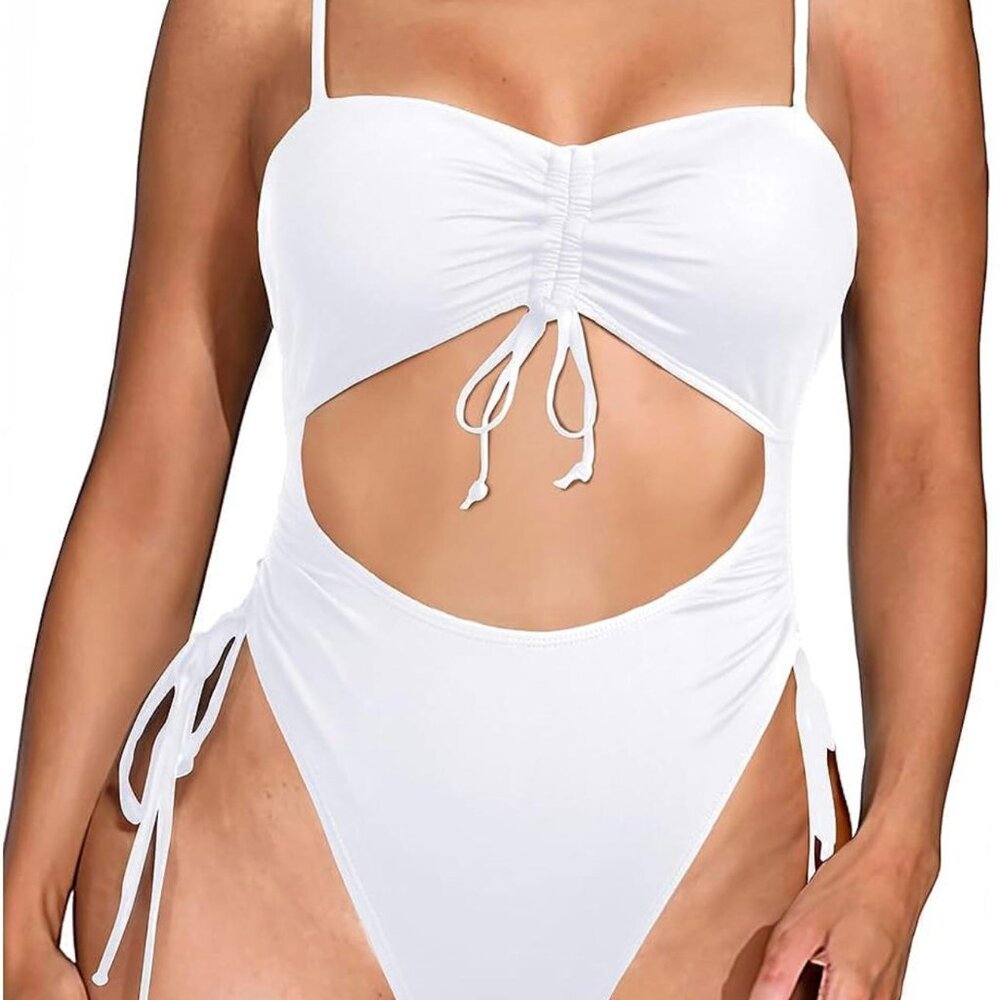 Yonique Cut Out One Piece Swimsuit Drawstring Thong Bathing